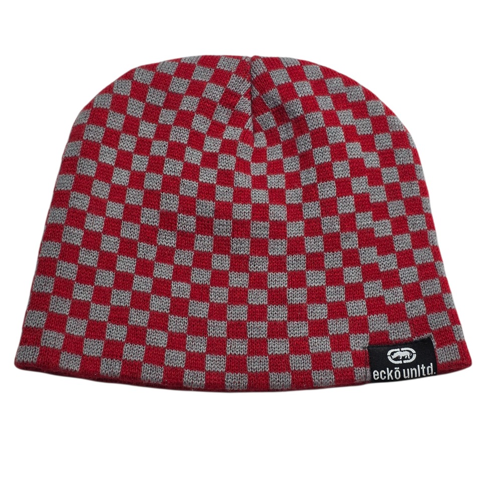 Ecko Unlimited Beanie Unisex Adult Red Gray One‎ Size Plaid Hip Hop Casual Knit